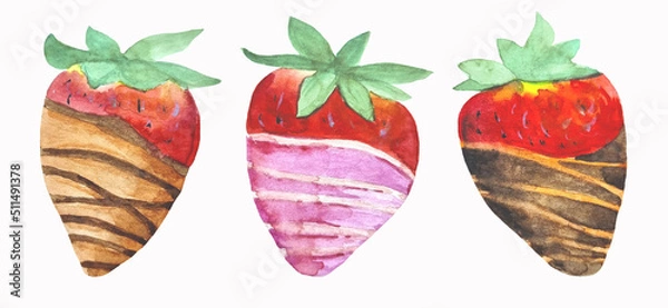 Fototapeta Watercolor hand drawn set of strawberry in chocolate three elements isolated on white background