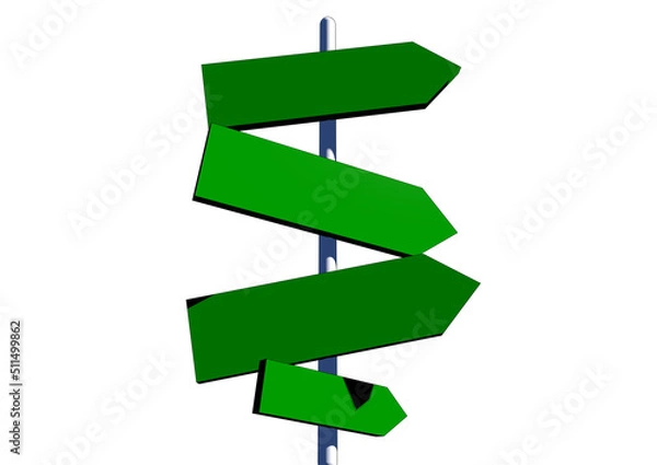 Fototapeta Pillar with 4 empty boards in green color indicating directions for tourists with cartoon effect.3d render illustration.