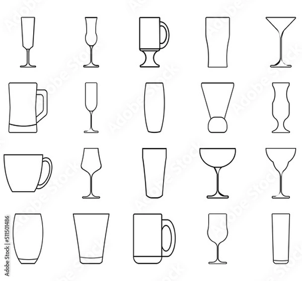 Fototapeta Glass line icon set. Drink glassware type - beer mug, whiskey shot, wineglass, teapot minimal vector illustration.