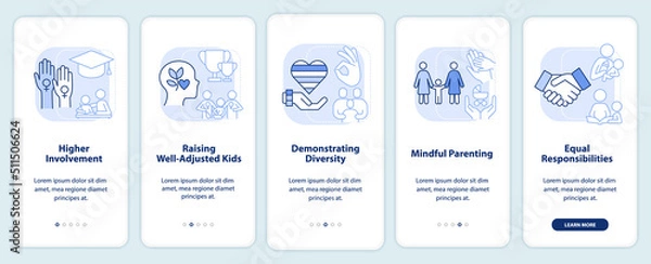 Fototapeta Same sex parenting benefits light blue onboarding mobile app screen. Walkthrough 5 steps editable graphic instructions with linear concepts. UI, UX, GUI template. Myriad Pro-Bold, Regular fonts used