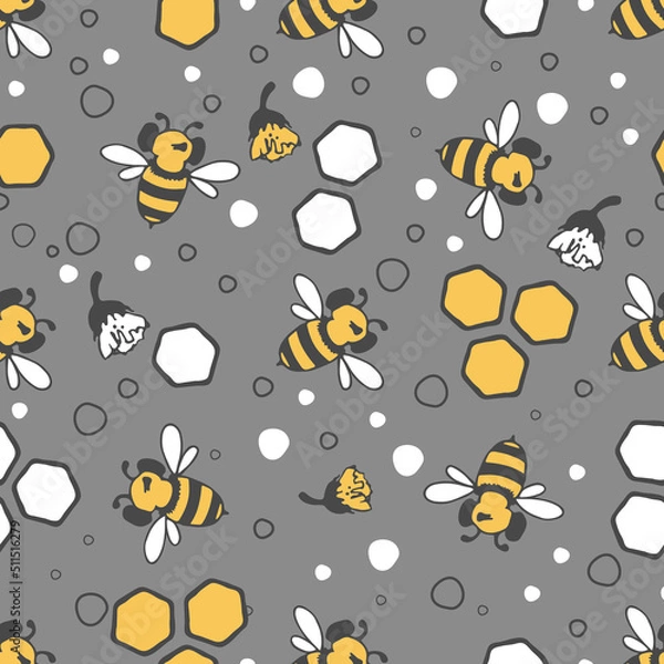 Fototapeta Floral pattern. Seamless vector pattern with bees and small honeycombs, varied foliage. Botanical print with autumn mood. Vector printing of fabrics and polygraphy products.
