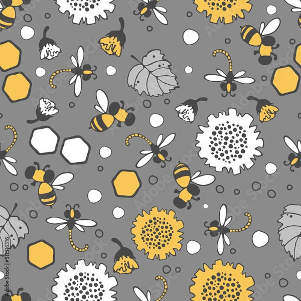 Fototapeta Floral pattern. Seamless vector pattern with large sunflower flowers, bees and dragonflies, small buds on a branch, various foliage. Botanical print printing of fabrics products.