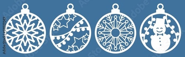 Fototapeta Silhouette of Christmas round toys. Christmas tree decorations set. Balls with snowflakes, deer, stars, fairy lights and a snowman. Template for laser cutting. Isolated vector illustration.