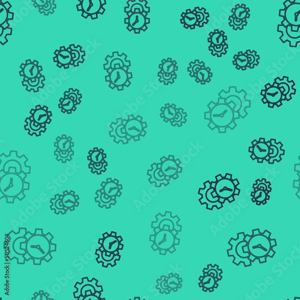 Fototapeta Black line Time Management icon isolated seamless pattern on green background. Clock and gear sign. Productivity symbol. Vector