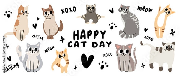 Fototapeta Cute cats and funny kitten doodle vector set. Happy international cat day characters design collection with flat color in different poses. Set of adorable pet animals isolated on white background.