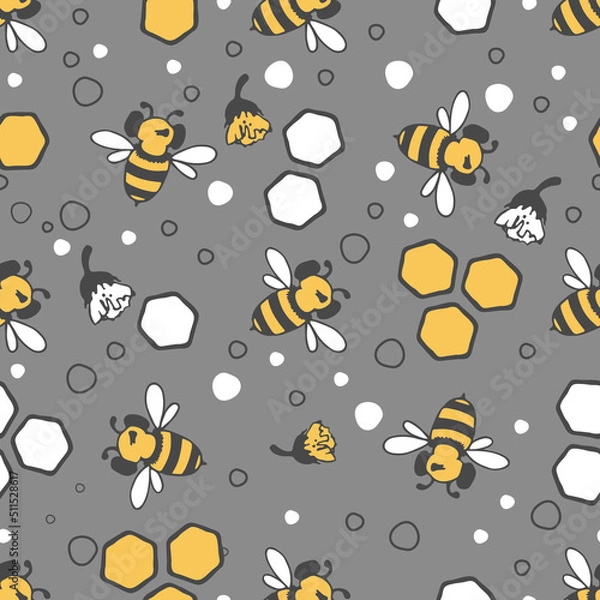 Fototapeta Floral pattern. Seamless vector pattern with bees and small honeycombs, varied foliage. Botanical print with autumn mood. Vector printing of fabrics and polygraphy products.