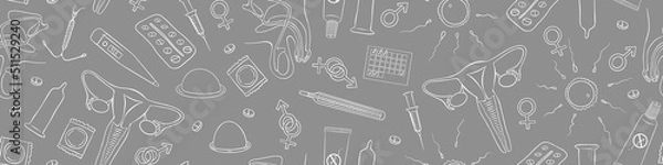 Obraz Contraception hand drawn seamless pattern. Sex education doodles horizontal border. Vector illustration.