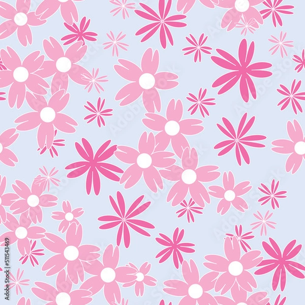 Fototapeta Vector blue background white pink cherry tree flowers and cherry blossom sakura flowers. Seamless pattern background