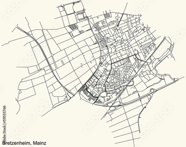 Fototapeta Detailed navigation black lines urban street roads map of the BRETZENHEIM DISTRICT of the German regional capital city of Mainz, Germany on vintage beige background