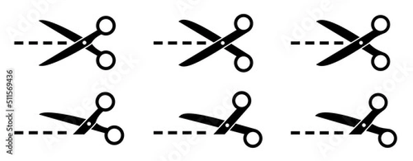 Fototapeta Scissors icon set. Cutting scissors with cut lines symbols. Cut here signs. Isolated. - stock vector