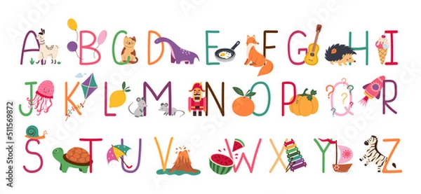 Fototapeta English alphabet with cute animals vector illustrations set. Childish font for kids ABC book symbols pack.