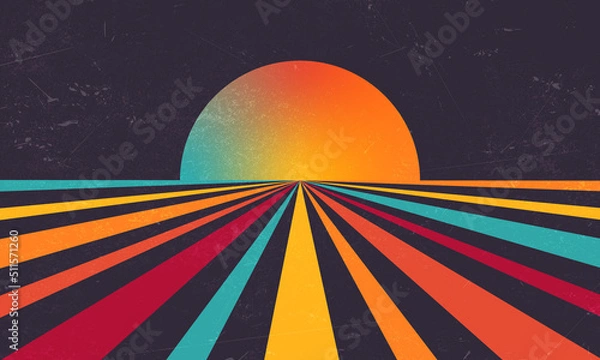 Obraz Exotic sun retro banner background. Vintage colourful grunge sunburst vector illustration.	