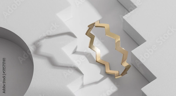 Fototapeta Zig zag shape shiny golden bracelet on geometric white background with copy space