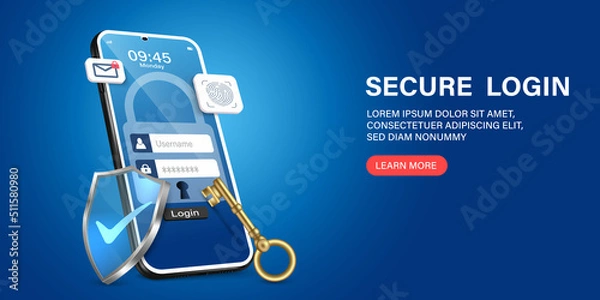 Fototapeta Data protection concept.software access data as confidential.Online file server protection system concept with smartphone and lock.Personal data security in isometric vector illustration.