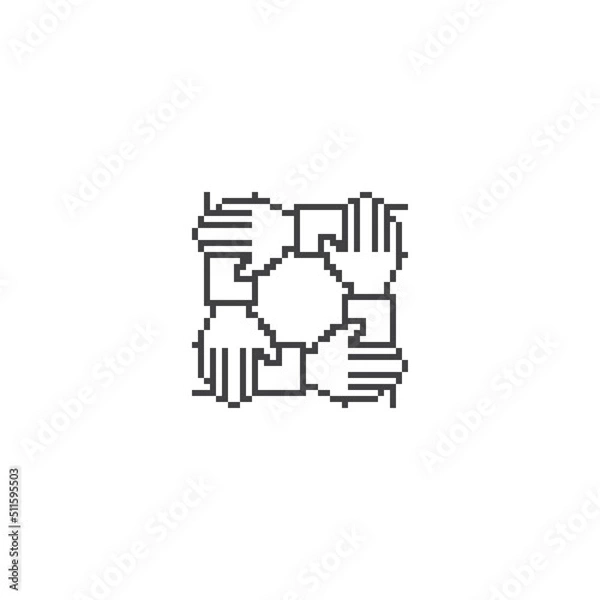 Fototapeta Teamwork four hand, unity business. Pixel art line icon vector icon illustration