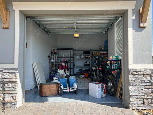 Obraz An unorganized garage filled with a lot of stuff in a neighborhood.