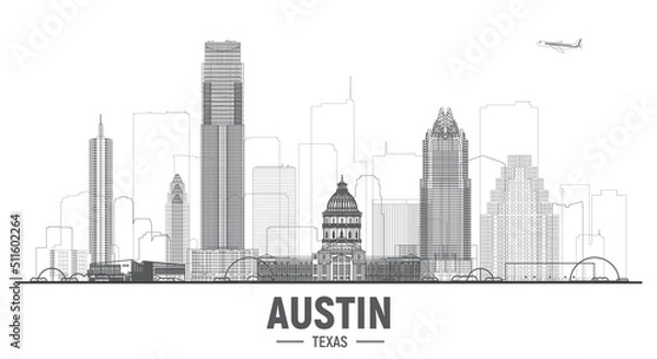 Fototapeta Austin Texas skyline silhouette vector illustration. Background with city panorama. Business travel and tourism concept with modern buildings. Image for presentation, banner, web site.