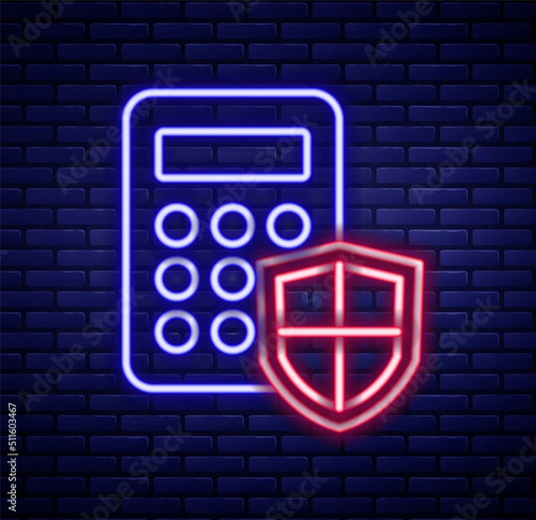 Fototapeta Glowing neon line Security system control panel with display icon isolated on brick wall background. Keypad of security system for entering inside. Colorful outline concept. Vector