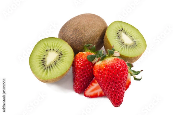 Fototapeta half of kiwi and strawberry on a white background
