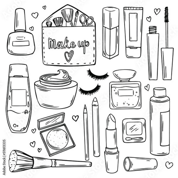 Obraz Set of vector doodle icons on the theme of makeup, beauty, makeup artist, for business cards, background, beauty salon design.