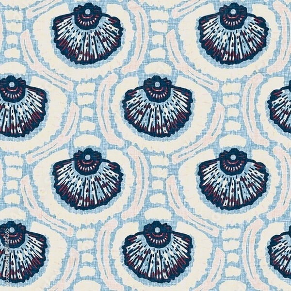 Obraz Indigo Blue Seashell nautical seamless pattern. Modern marine shell print in classic nantucket fabric textile hand drawn block print style. Summer 2 tone high contrast jpg tile swatch