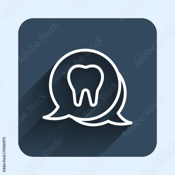 Fototapeta White line Tooth icon isolated with long shadow background. Tooth symbol for dentistry clinic or dentist medical center and toothpaste package. Blue square button. Vector