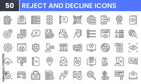 Obraz Reject and Decline vector line icon set. Contains linear outline icons like Cancel, Wrong, Close, Delete, Cross, Deny, Remove, X. Editable use and stroke for web.