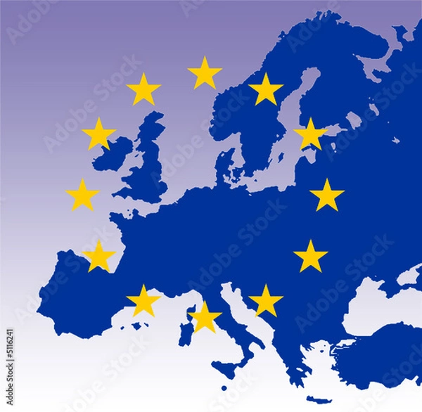 Obraz gold eu stars on map of blue europe with light purple gradient b