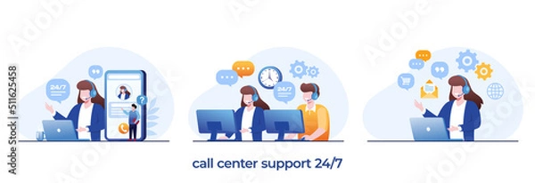 Fototapeta call center concept, hotline, helpline, assistant, customer service 24 hours, contact us, flat illustration vector