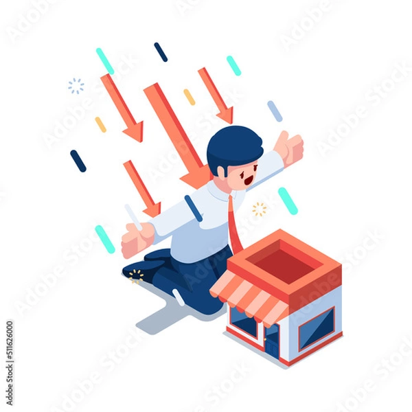 Fototapeta Isometric Businessman Protect Shopping Store from Falling Arrows