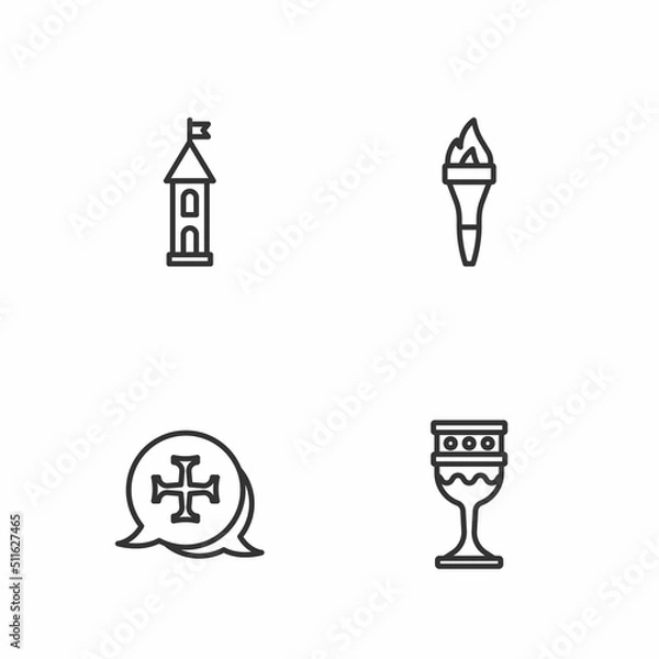 Fototapeta Set line Medieval goblet, Crusade, Castle tower and Torch flame icon. Vector