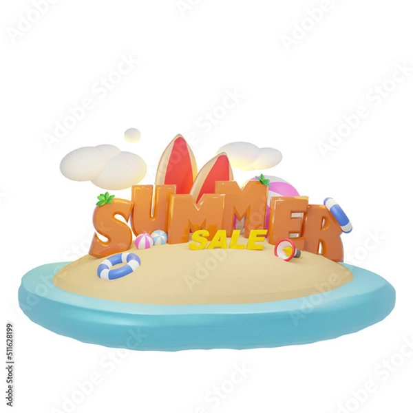 Fototapeta summer vacation beach theme 3d illustration with summer text and surfboard and many other icons