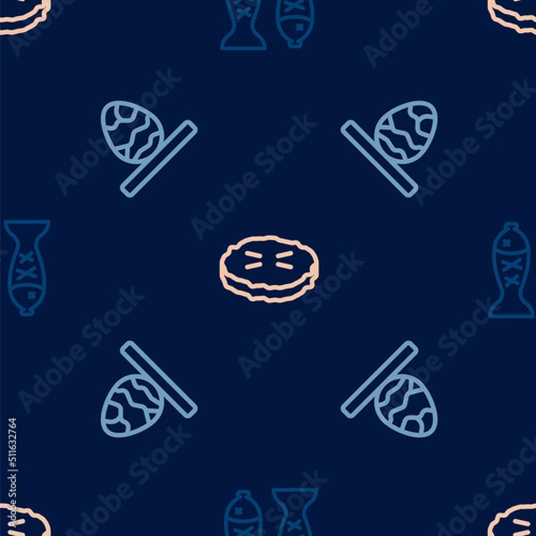 Obraz Set line Served fish on a plate, Chinese tea egg and Homemade pie on seamless pattern. Vector