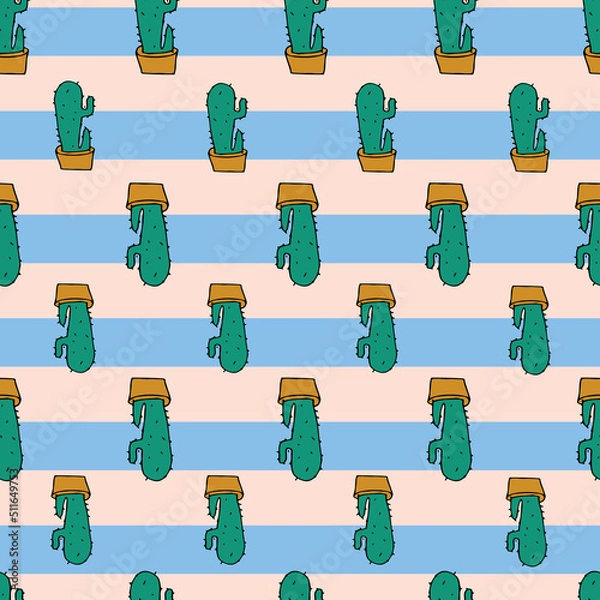 Fototapeta Vector white background plant in pot, succulents seamless pattern. Seamless pattern background