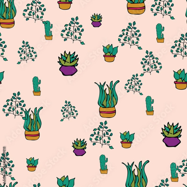 Fototapeta Vector white background plant in pot, succulents seamless pattern. Seamless pattern background