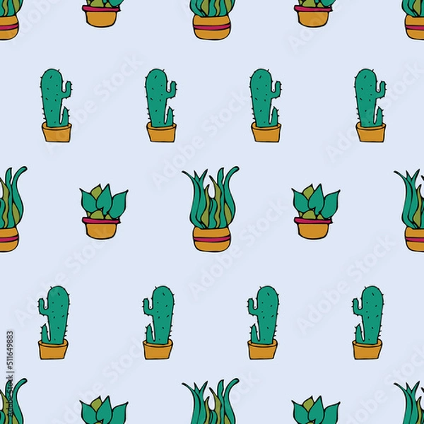 Fototapeta Vector white background plant in pot, succulents seamless pattern. Seamless pattern background
