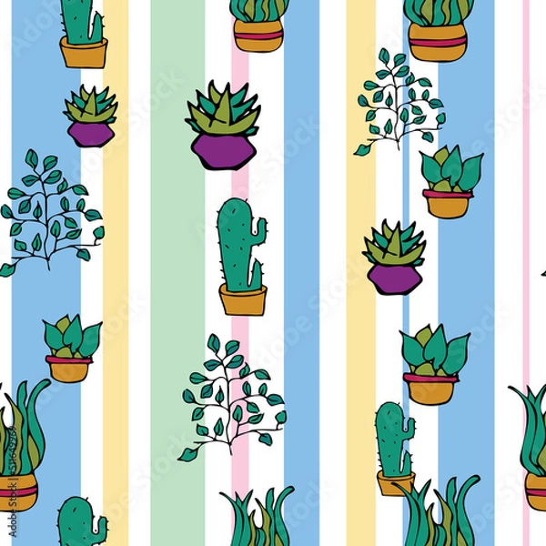 Fototapeta Vector white background plant in pot, succulents seamless pattern. Seamless pattern background