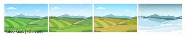 Obraz Naturalny krajobraz z wzgórzami, łąkami i górami. Four Seasons: Wiosna, Lato, Jesień, Zima. Ilustracja wektorowa.