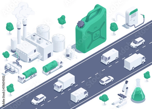Fototapeta isometric vector illustration on a white background, a factory for the production of bio fuel, a canister and fuel trucks next to a dispenser, cars on the road driving on ecological biofuel