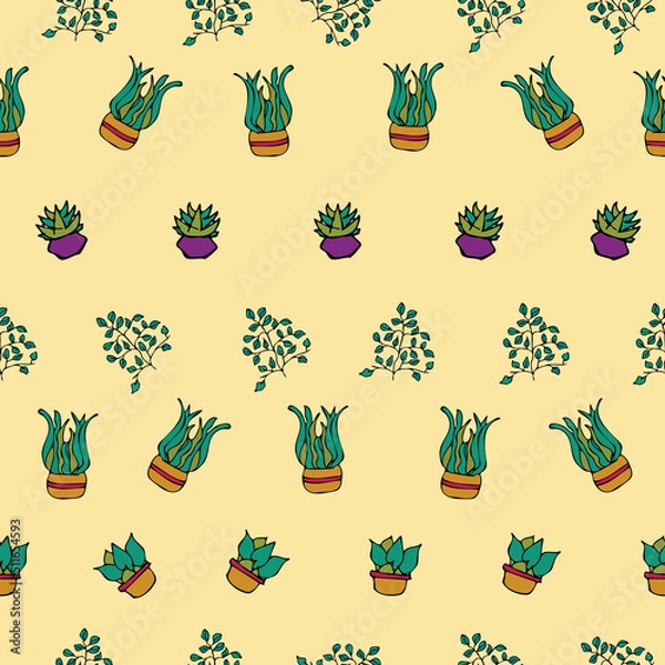 Fototapeta Vector white background plant in pot, succulents seamless pattern. Seamless pattern background