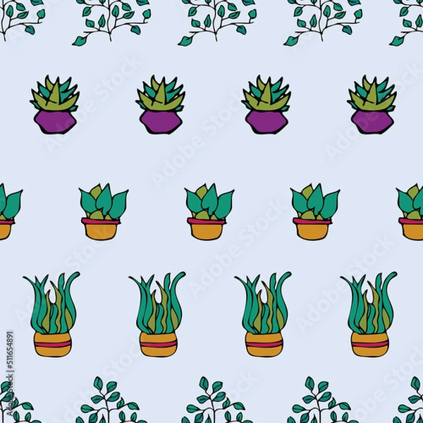 Fototapeta Vector white background plant in pot, succulents seamless pattern. Seamless pattern background