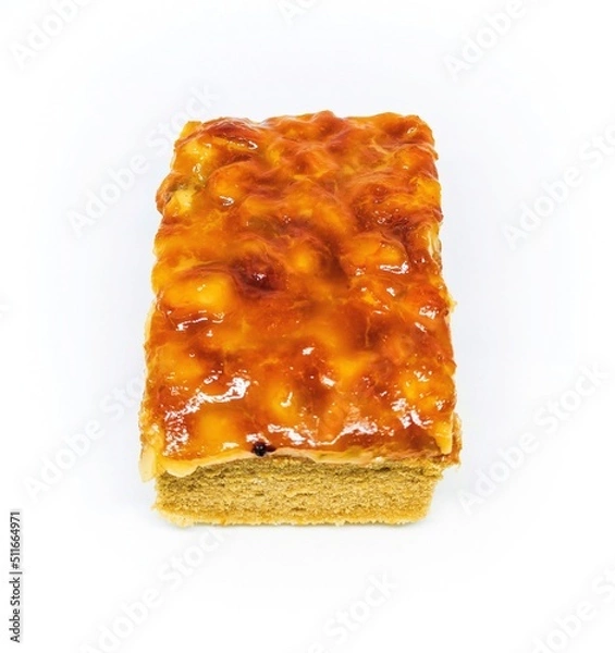 Obraz caramel cashew toffee cake isolation on white background. bakery homemade golden cake