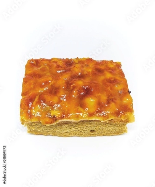 Obraz caramel cashew toffee cake isolation on white background. bakery homemade golden cake