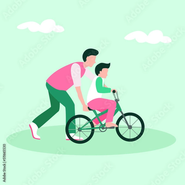Obraz Father Teaching Ride a Bicycle Vector Illustration