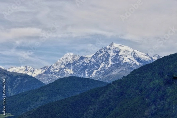 Fototapeta Blick vom Reschenpass auf ein Bergmassiv mit schneebedeckten Gipfeln und Wäldern im Vordergrund