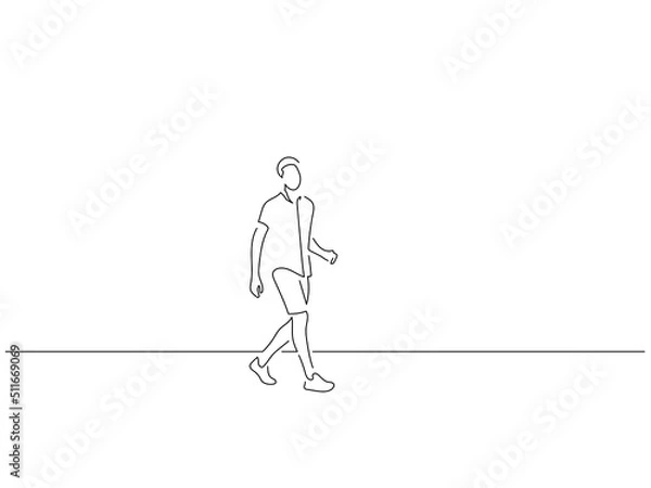 Fototapeta Man walking in line art drawing style. Composition of a person gesturing. Black linear sketch isolated on white background. Vector illustration design.