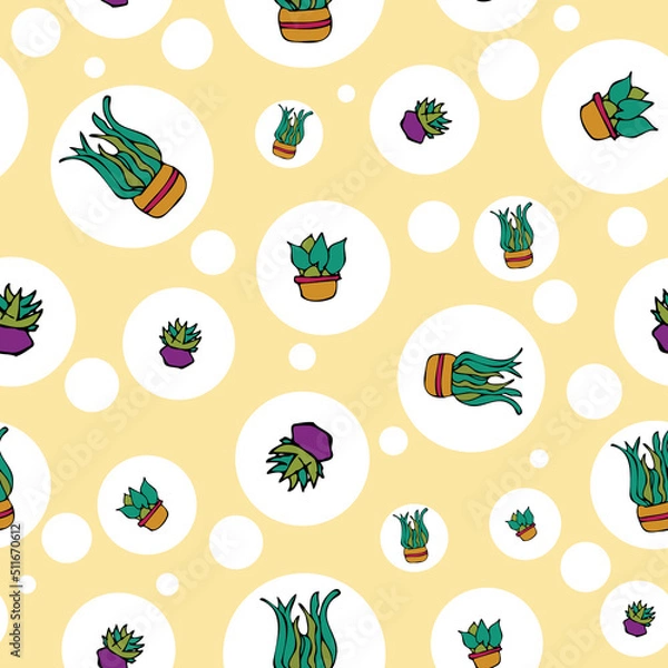 Fototapeta Vector white background plant in pot, succulents seamless pattern. Seamless pattern background