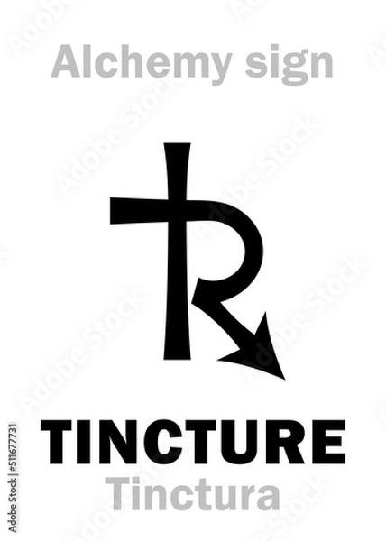 Fototapeta Alchemy Alphabet: TINCTURE (Tinctura) — drink/potion, drug usually infused with alcohol. Also: The Elixir, The Panacea, Red Tincture, Mixture, Extract, Medicine, Remedy, Cure-All. Alchemical symbol.