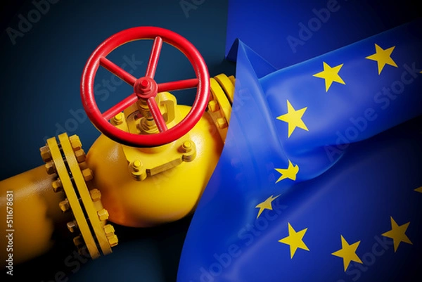 Fototapeta Gas valve pipeline Europe Nord Stream and flag EU 3D render