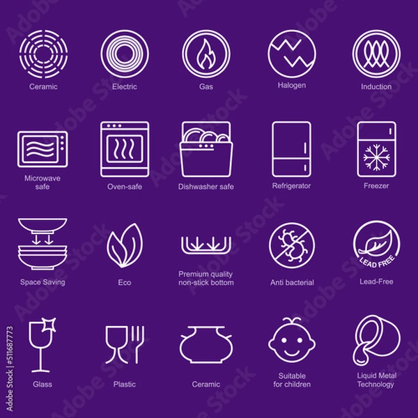 Fototapeta Symbols of food-grade metal indicate the properties and destination of a utensil. Properties of glass and ceramic dishes. Pottery symbols. Kitchen icon set. Thine line icons.